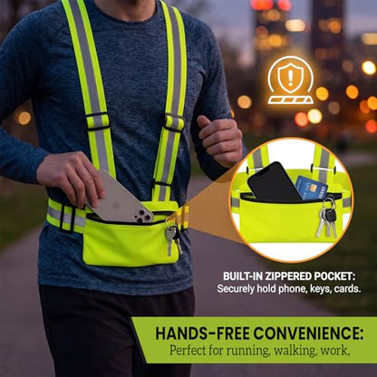 Hercicy 10 Pack Reflective Safety Vest with Zipper Pocket, Adjustable High Visibility Reflective Vest for Adults, Elastic Reflector Straps for Running, Walking, Cycling, Construction, Night Safety
