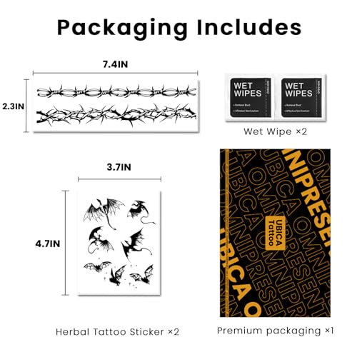 Semi Permanent Tattoo, Dark Flying Dragon & Barbed Wire Design, Small - color: bat & thorn