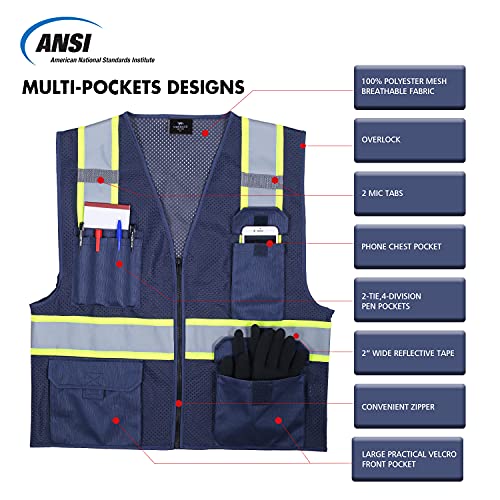 VENDACE Hi Vis Safety Reflective Mesh Vest for Men ANSI Class 2 High Visibility Vest with 8 Pockets and Zipper - color: Blue, size: XX-Large