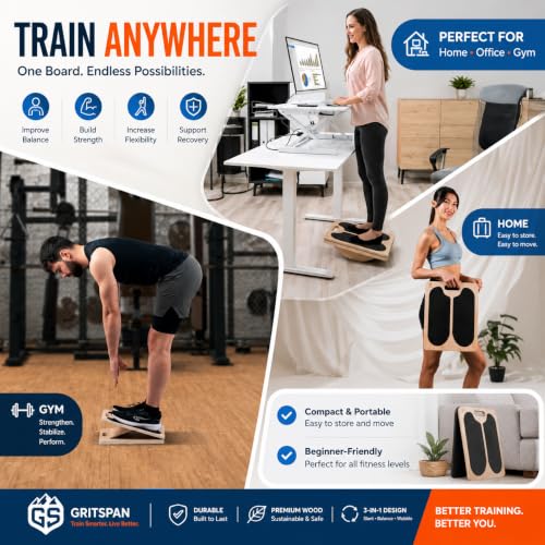 Slant Board for Exercise, 3-in-1 Wooden Calf Stretcher, Rocker Balance Board and 360° Wobble Board, 5 Adjustable Angles, Anti-Slip Surface, Training Poster Included