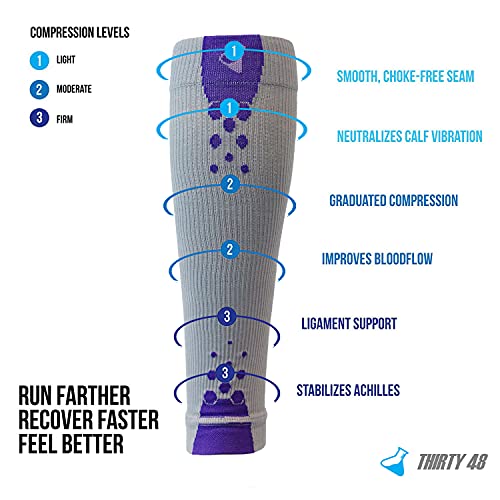 Thirty48 Graduated Calf Compression Sleeves 15-20 OR 20-30 mmHg | Maximize Fast Recovery by Increasing Oxygen to Muscles - color: [2 Pairs] Purple, size: Large