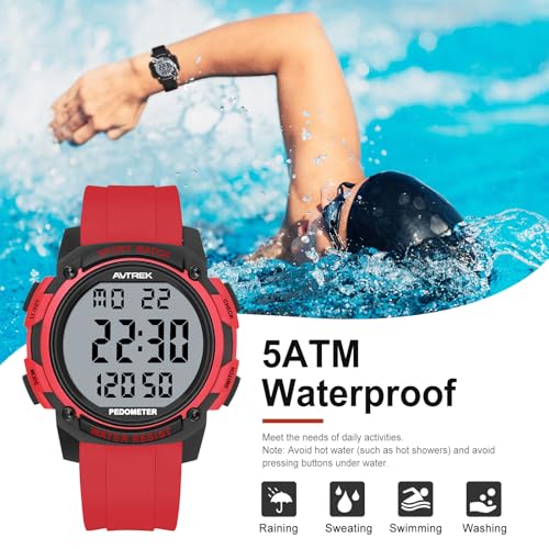 AVTREK Pedometer Watch for Walking Steps and Miles No Bluetooth/APP Needed - color: Red