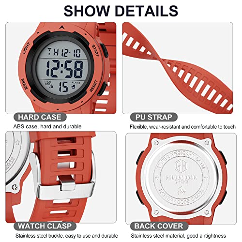 GOLDEN HOUR Mens Waterproof Digital Sport Watches Wide Screen Easy Read Display Military Style with Rubber Strap - color: red