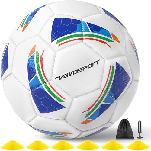 VAVOSPORT Soccer Ball Set – Official Size 3, 4, 5 Soccer Balls with Pump & 6 Cones, Waterproof TPU Leather Soccer Training Equipment for Kids, Youth & Adults, Gifts for Sports Play and Outdoor Games - size: Size 5