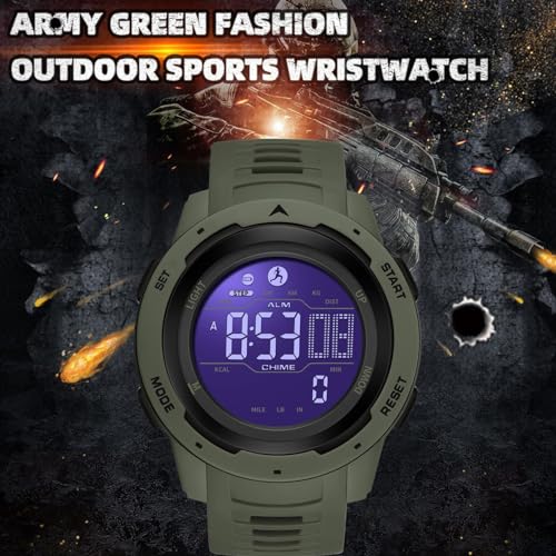 findtime Men's Digital Watch Waterproof Pedometer Watches Sport Watch Step Counter Calorie Military Watch with Stopwatch Alarm LED Backlight Countdown - color: green