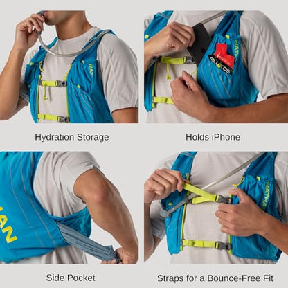 Nathan Men's Pinnacle Race Vest 12L Hydration Pack, 1.6L Water Bladder, Running Vest, Water-Resistant Pockets, Lightweight & Moisture Wicking - color: Blue Me Away / Finish Lime, size: X-Small