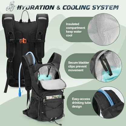 RAINSMORE Hydration Backpack with 2L Water Bladder, 15L Lightweight Hiking Backpack for Women & Men Small Insulated Hydration Water Pack for Hiking, Running, Cycling, Biking