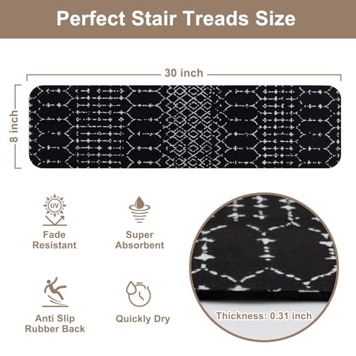 OJIA Stair Treads Non-Slip Stair Runners for Wooden Steps 15PCS 30"x8" - color: Black/Boho, size: 30" x 8"