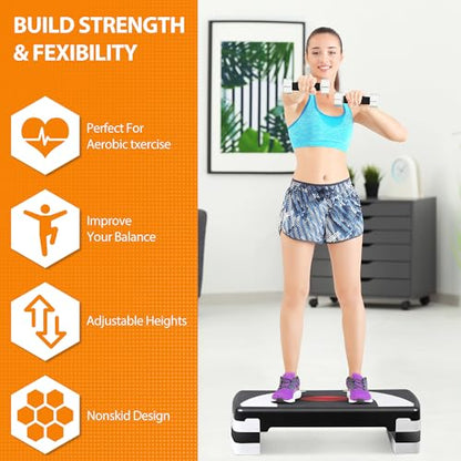 30 Inches Aerobic Stepper 4" - 6" - 8" Height Adjustable Step Risers Fitness Exercise Workout Trainer Platform for Home Gym, Black