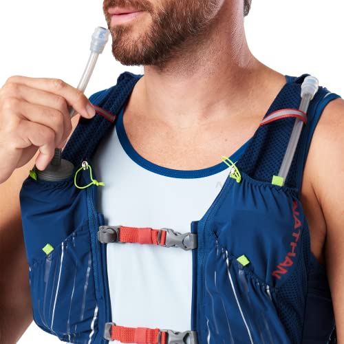 Nathan Men's Pinnacle Race Vest 4L Hydration Pack, Two 20 oz Soft Flasks, Running, Hiking, Water-Resistant, Moisture Wicking, Adjustable Straps - color: Estate Blue/Ribbon Red, size: X-Small