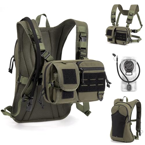 2-in-1 Hydration Backpack & Tactical Chest Pack with 2.5L Water Bladder, Modular Molle Hydration Vest, Lightweight Running Water Bag for Gravel Cycling, MTB, Hiking, Enduro - color: Green