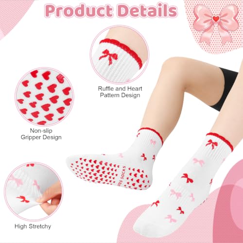 Cute Pilates Socks with Grips for Women Cotton Ruffle Yoga Sock - color: Red+pink+purple
