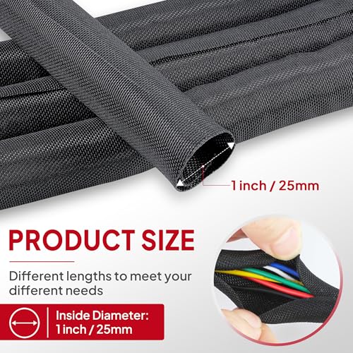 Black Split Braided Cable Management Sleeves 1inch -15Feet - size: 1"-15Feet