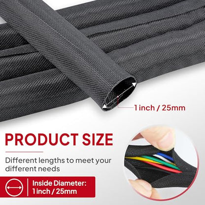 Black Split Braided Cable Management Sleeves 1inch -15Feet - size: 1"-15Feet
