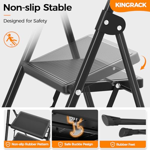 KINGRACK 3 Step Ladder Folding Step Stool with Handrail for Kitchen Black - size: 3-step