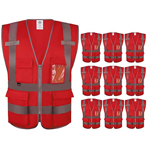 Dazonity Safety Vest with Pockets & Zipper,10 Pcs, Reflective, for Construction(Red-2XL) - color: Red-2xl