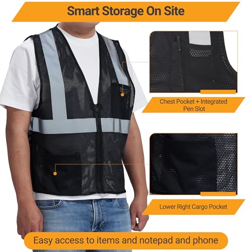 AYKRM 2 Pocket Mesh High Visibility Reflective Safety Vest for men & Women ANSI/ISEA 107 Standards - color: Black, size: 5X-Large