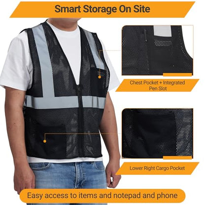 AYKRM 2 Pocket Mesh High Visibility Reflective Safety Vest for men & Women ANSI/ISEA 107 Standards - color: Black, size: 5X-Large