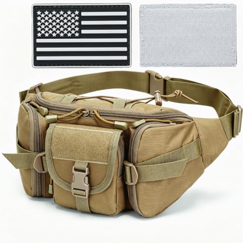 Fanny Pack Waist Packs, Large Crossbody Tactical Fanny Packs for Women Men, Waterproof Hiking Belt Bag with 5 Zipper Pockets, Hip Bum Bag with U.S Patch, Waist Pouch for Outdoor Fishing - Mud - color: Mud