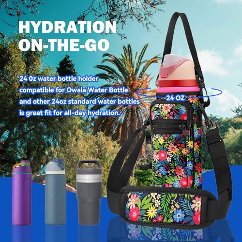 Neoprene Water Bottle Holder Bag with Cell Phone Pocket Compatible with Owala FreeSip 24 oz，Water Bottle Carrying Bag ，with Adjustable Shoulder Strap,for 24oz Stainless Steel Water Bottle - color: Wild Flower