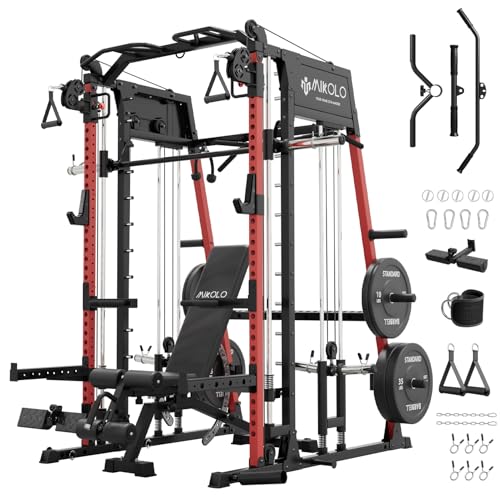 Mikolo M4 2.0 Smith Machine, 2200lbs Squat Rack with LAT-Pull Down System & Cable Crossover Machine, Training Equipment with Leg Hold-Down Attachment - color: Red, size: M4 2.0 Package (with Black BP230lbs)