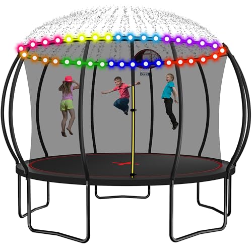 1500 LBS 8FT 12FT 14FT 16FT Trampoline for Kids and Adults, Outdoor Trampoline with Enclosure Net, Sprinkler, Water Ball, Large Trampoline with Lights with Music Speaker, Socks - ASTM Approved - color: Black 12FT