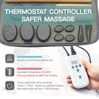 Massage Stones Set with Warmer Kit Hot Rocks Bamboo for Massage Hot Stones Massage Warmer Kit with Temperature Control and Carry Bag for Home Use (11 Stones and 3 Sticks) Suitable for Gifting