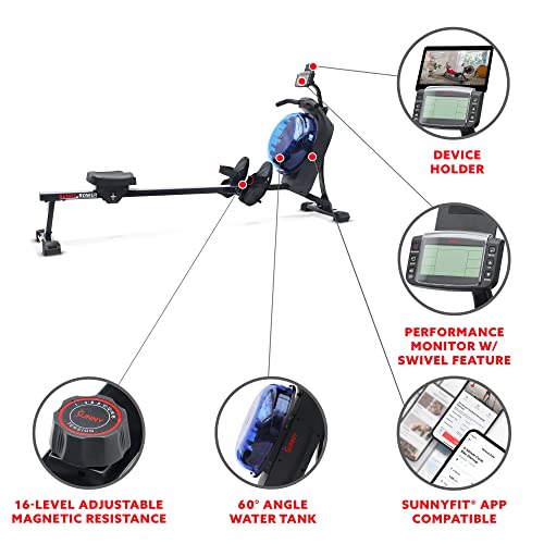 Sunny Health & Fitness Smart Hydro + Magnetic Dual Resistance Water Rower - color: Blue