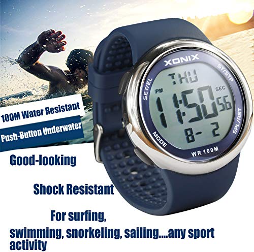 TOMORO Vogue Simple Men's Unisex 100M Waterproof Large Digits Digital Casual Women Big Boys Outdoor Stopwatch Countdown Chronograph Luminous Sport Dive Watch (Push-Button Underwater) - color: Blue Silicone 46