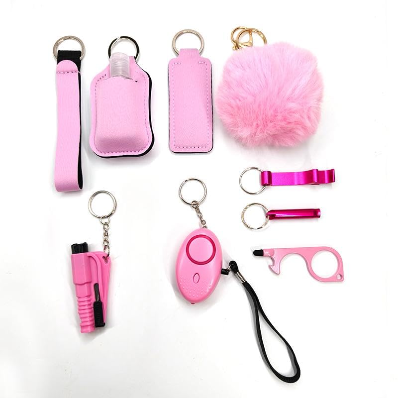 Personal Safety Keychain Set with Alarm, Pom Pom, Holder Pouch, 8-Piece Kit, Available in Pink, Purple, Sunflower Pattern - color: Pink