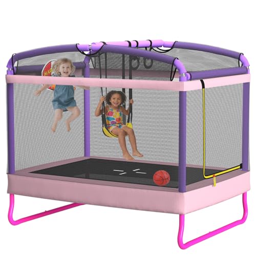 LANGXUN 6FT Rectangle Trampoline for Kids, 5-in-1 Toddler Trampoline, ASTM Approved Indoor Outdoor Mini Trampoline with Safety Enclosure Net Age 1-10 - color: Pink&Purple