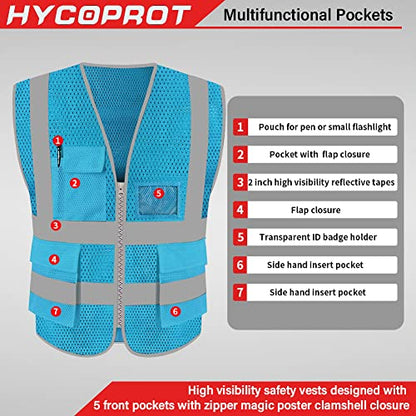 HYCOPROT High Visibility Mesh Safety Reflective Vest with Pockets and Zipper, Meets ANSI/ISEA Standards - color: Skyblue, size: Large