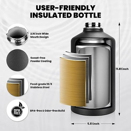 RAYMYLO One Gallon Water Bottle Insulated 128 oz, Stainless Steel - color: Magic Black, size: 128 Ounces