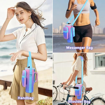 LEFOR·Z Water Bottle Carrier Bag with Phone Pocket Compatible with Stanley/Meoky 40 oz Tumbler with Handle,Water Bottle Holder Pouch with Adjustable Strap Compatible with Stanley Cup Accessories - color: Deep Blue-Purple Gradient-Style B