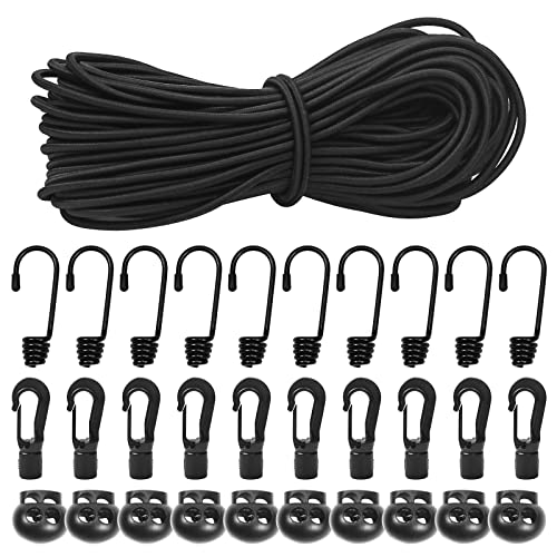 1/8" Bungee Shock Cords with Hooks,65 Feet Elastic Nylon Cords Kayak Stretch String Rope for Bikes,Tie Downs,Boating,Camping,Sunshades,Fitness and Outdoor Enthusiasts (3/16 inch x 98 feet, Black) - size: 3/16 inch x 98 feet, Black