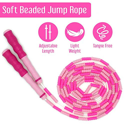 Jump Rope for Fitness, Home Work-Out; Adjustable with Anti-Slip Grip, Soft Plastic Beaded, Tangle-Free, Indoor and Outdoor Exercise for Adults (Pink)