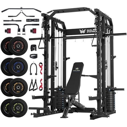 Major Fitness Drone2 Advanced Training Smith Machines– All-in-One Home Gym Squat Rack with Aluminum Pulley Set , Weight Bar, Dual LAT Pull-Down Systems & Cable Crossover Machine for Full-Body Workouts - style: BK D2AW Package(with BK Elite Bench+BK 230lb)