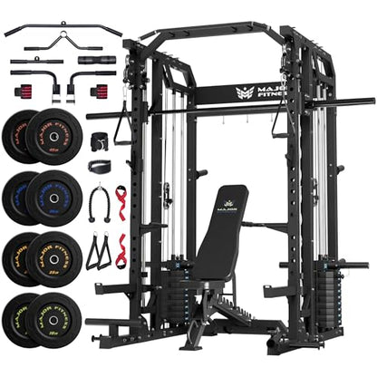 Major Fitness Drone2 Advanced Training Smith Machines– All-in-One Home Gym Squat Rack with Aluminum Pulley Set , Weight Bar, Dual LAT Pull-Down Systems & Cable Crossover Machine for Full-Body Workouts - style: BK D2AW Package(with BK Elite Bench+BK 230lb)