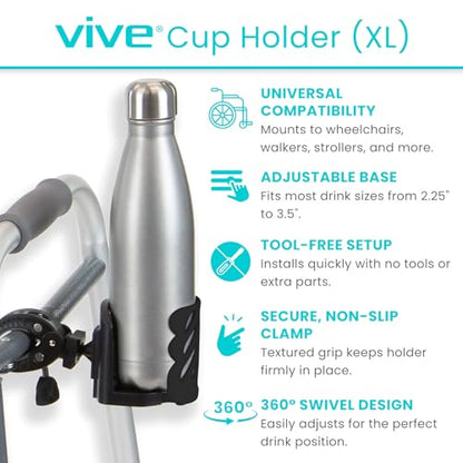 Vive Cup Holder (XL) - for Rolling Walker, Rollator, Wheelchair, Scooter