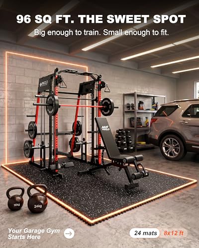 Mikolo M4 2.0 Smith Machine, 2200lbs Squat Rack with LAT-Pull Down System & Cable Crossover Machine, Training Equipment with Leg Hold-Down Attachment - color: Red, size: 96 Sqft Training Solution