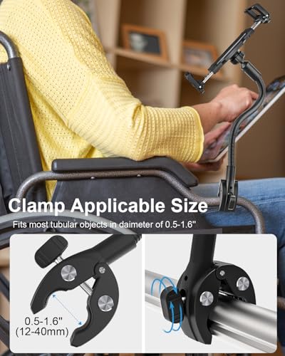 Gooseneck Spin Bike Tablet Holder [Large Clamp] [Thick Case Friendly] Treadmill Tablet Mount for Exercise Bike, Stationary Bicycle, Stroller, Wheelchair for iPad Pro Air Mini, Galaxy, iPhone (6-15.6”)
