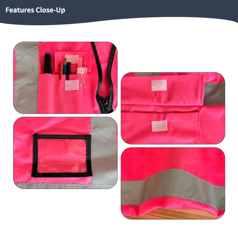 High Visibility Safety Vest with Reflective Strips & Pockets - color: Pink, size: Small