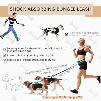 Hands-Free Waist Leash with Pouch for Two Dogs,Reflective Stitching, Dual Handle & Bungee Retractable Design – Ideal for Medium to Large Dogs (Blue) – Dog Walking Accessories - color: Blue