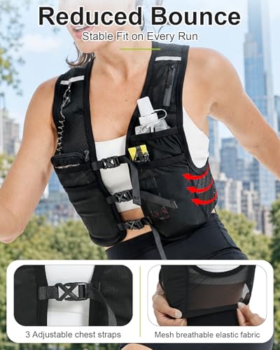 Running Vest with Touchscreen Phone Holder, 500ml/17oz Water Bottle Vest, Reflective Hydration Vest, 6 Pockets Zip Runners Vest – Lightweight, Adjustable, Breathable, Unisex - size: Small