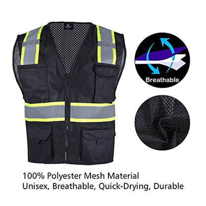 VENDACE Hi Vis Safety Reflective Mesh Vest for Men ANSI Class 2 High Visibility Vest with 8 Pockets and Zipper - color: Black, size: X-Small