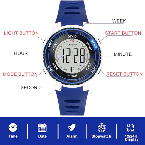 DTKID Digital Kids Watch 30 M Waterproof for Girls Boys 5-16 - color: dark blue