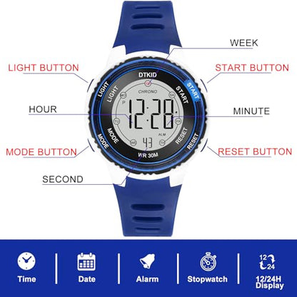 DTKID Digital Kids Watch 30 M Waterproof for Girls Boys 5-16 - color: dark blue