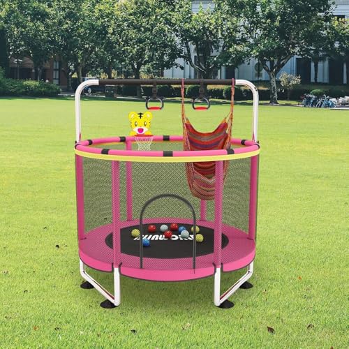 Trampoline for Kids, 55 Inch Adjustable Baby Toddler Trampoline with Basketball Hoop, 440lbs Indoor Outdoor Toddler with Enclosure (Blue) - color: Pink