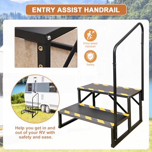 2 Step RV Stairs, Hot Tub Steps, Outdoor Spa Step Ladder with Handrail,Portable Economy 5th Wheel Stair for Travel Trailer, Motor Home, Camper and Porch with Non-Skid Tapes - size: RV Stairs - 2 Step with Single Handrail