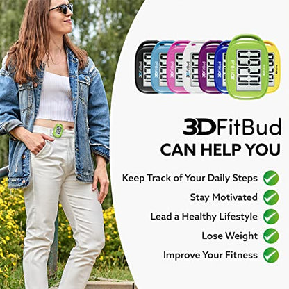 3DFitBud Simple Step Counter Walking 3D Pedometer by 3DActive with Clip, Lanyard Accurate Step Tracker Large Display, Easy to Use for Kids Men Women Adult Seniors Daily Step Tracking - A420S - color: Green